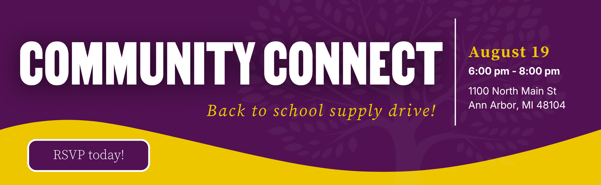 The graphic announces an event titled "Bean Counters Connect." The subtitle says "Cafe conversations for nonprofit finance leaders." The date and time are June 16, 10:00 AM to 11:30 AM, at NEW, 1100 N. Main St, Ann Arbor, MI. On the right, there is a dark purple coffee cup illustration with steam lines above it, and a bright orange square on the cup that says "CLICK HERE TO RSVP!"